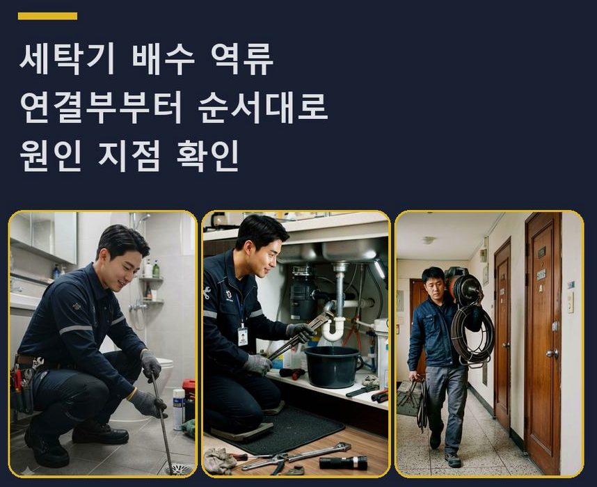 용인시수지구 고기동 세탁기 배수구막힘 원인 진단 현장 작업 사진 - 배관해결사