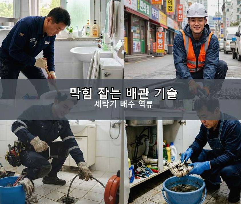 서울 강남구 논현동 세탁기 배수구막힘 긴급출동 현장 작업 사진 - 배관해결사