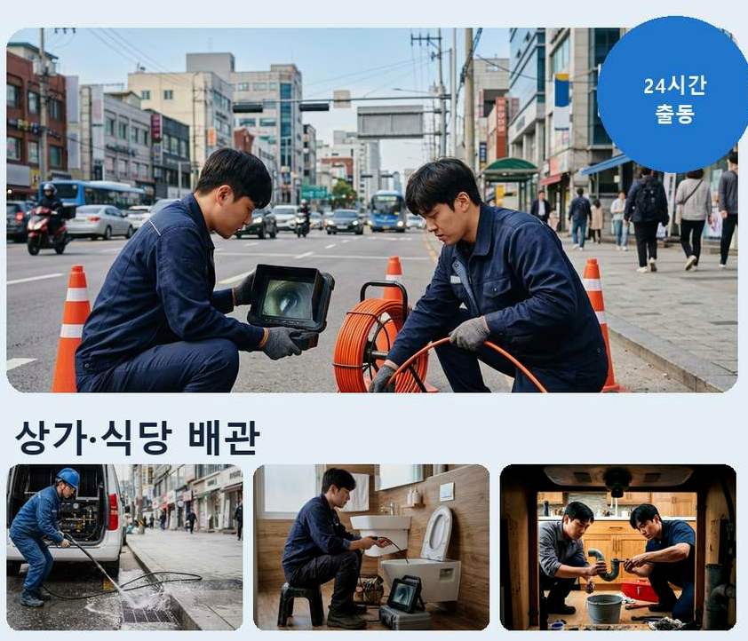 서울 구로구 신도림동 하수구 역류 야간 출동 현장 작업 사진 - 배관해결사