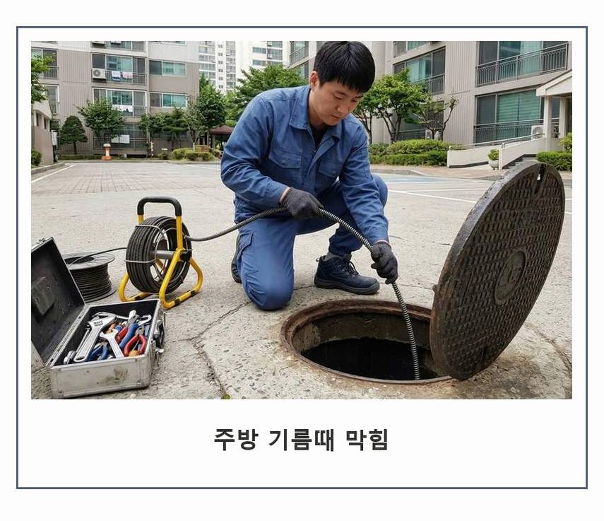 용인시수지구 신봉동 하수구 냄새 뚫음 현장 작업 사진 - 배관해결사