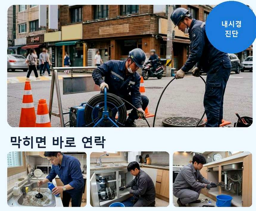 성남시수정구 오야동 싱크대막힘 고압세척·관통 작업 모습