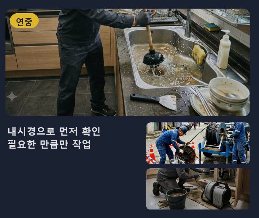서울 구로구 온수동 하수구 역류 출장비 무료 현장 작업 사진 - 배관해결사