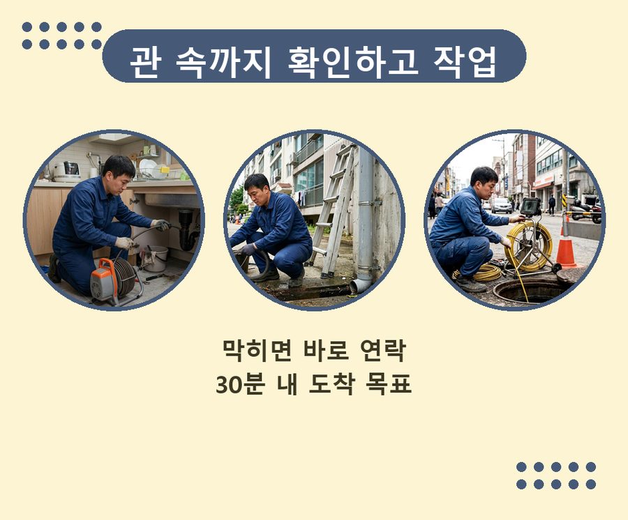 용인시수지구 동천동 싱크대막힘 고압세척·관통 작업 모습