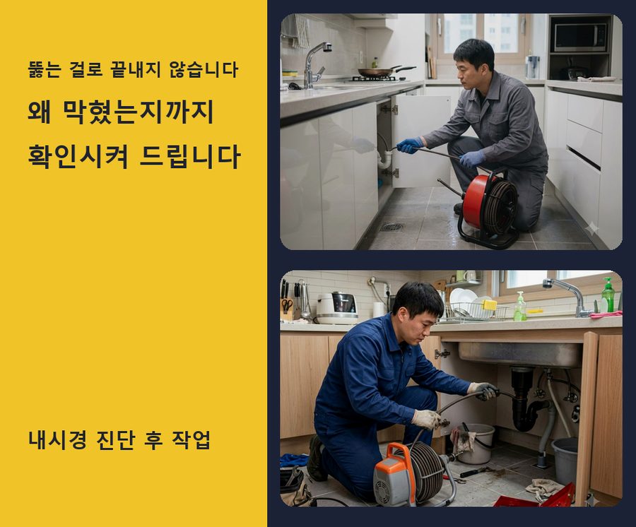서울 중랑구 망우동 변기막힘 고압세척·관통 작업 모습